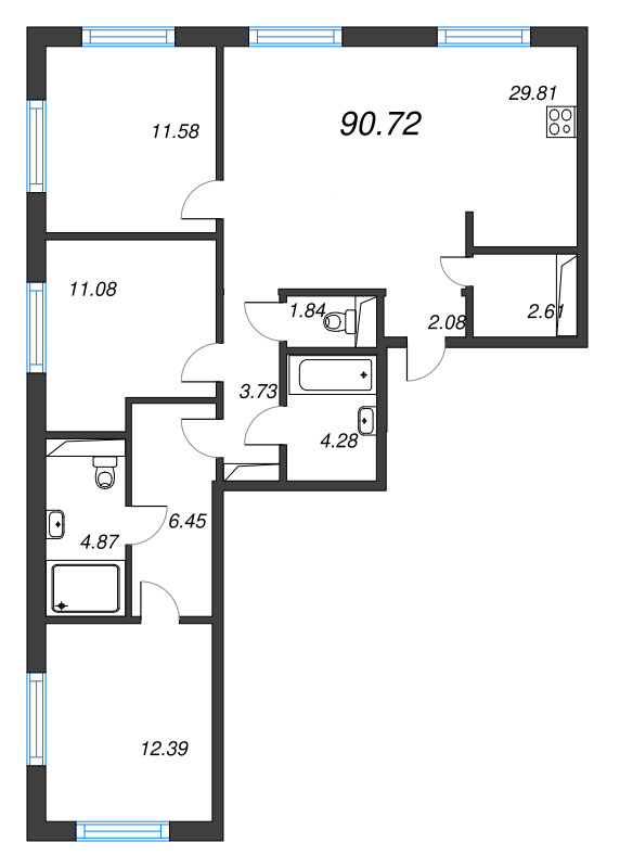 4 ккв (Евро) 90,7 м²