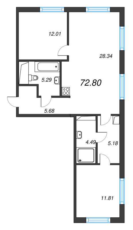 3 ккв (Евро) 72,8 м²