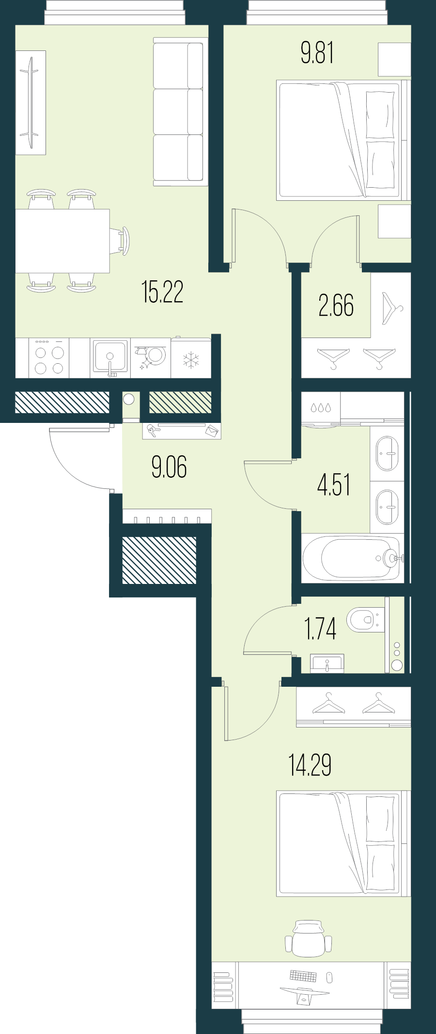 3 ккв (Евро) 57,3 м²