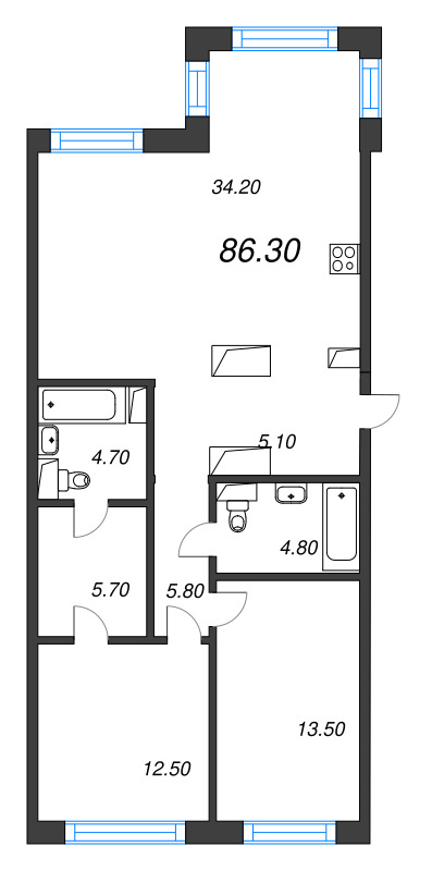 3 ккв (Евро) 86,3 м²