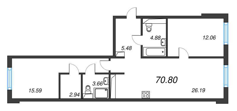 3 ккв (Евро) 70,8 м²