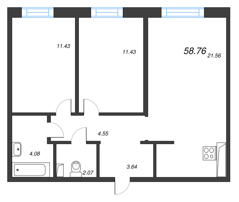 3 ккв (Евро) 58,8 м²