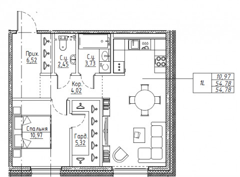 2 ккв (Евро) 54,2 м²
