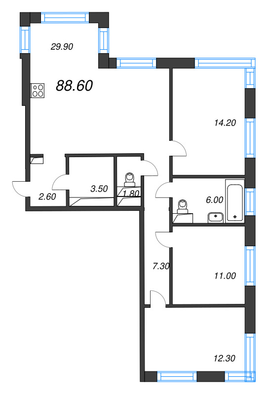 4 ккв (Евро) 88,6 м²