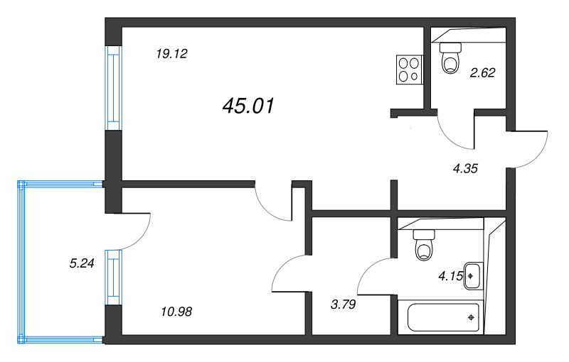 2 ккв (Евро) 45 м²