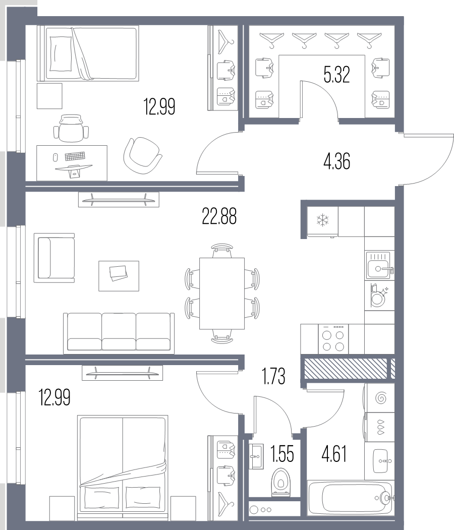 3 ккв (Евро) 66,4 м²