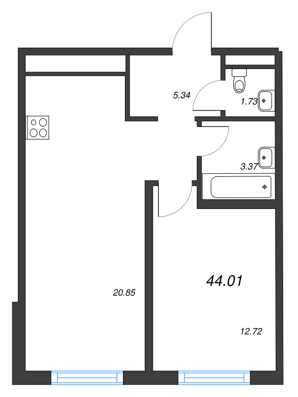 2 ккв (Евро) 44 м²