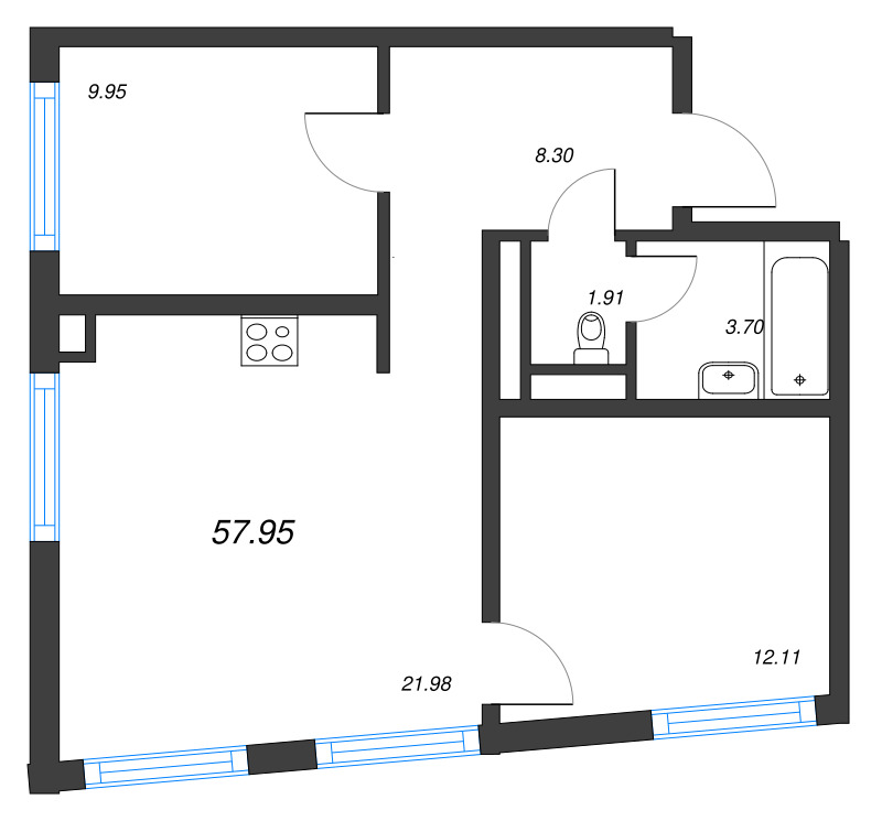 3 ккв (Евро) 58 м²