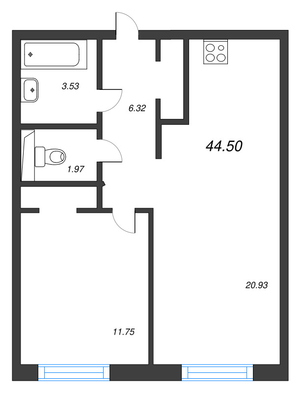 2 ккв (Евро) 44,5 м²
