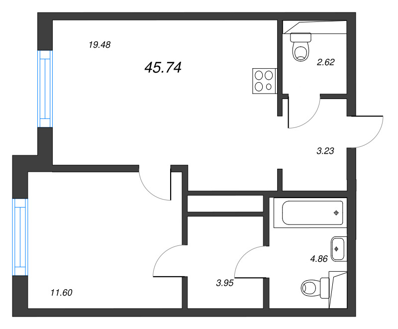 2 ккв (Евро) 45,7 м²