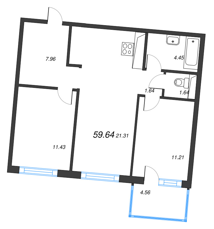 3 ккв (Евро) 59,6 м²