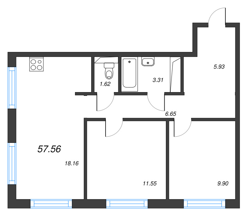 3 ккв (Евро) 57,6 м²