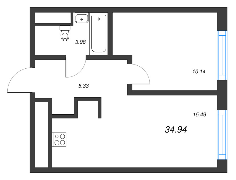 2 ккв (Евро) 34,9 м²