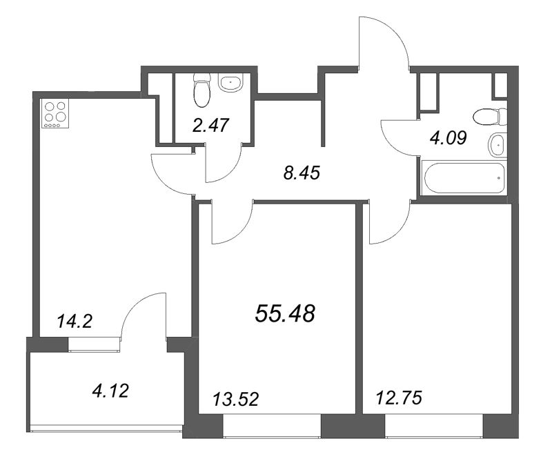 2 ккв 55,5 м²