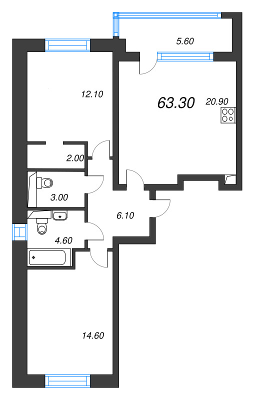 3 ккв (Евро) 63,3 м²