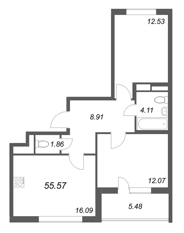 3 ккв (Евро) 55,6 м²