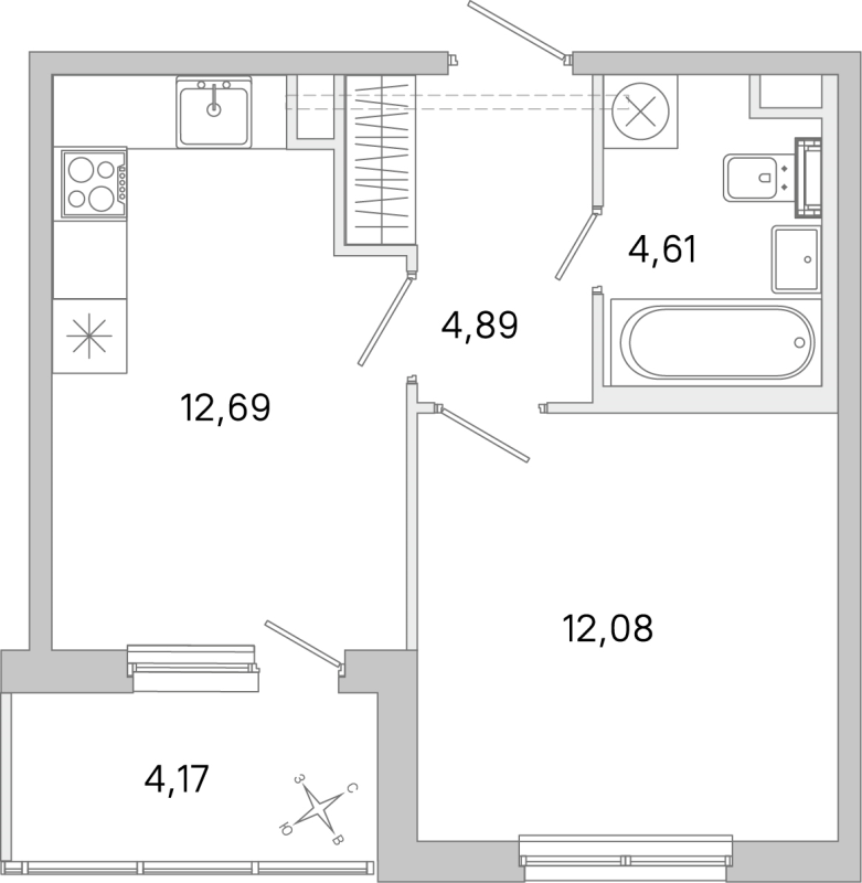 1 ккв 34,3 м²