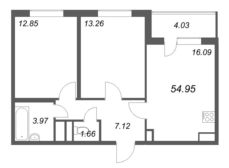 3 ккв (Евро) 55 м²
