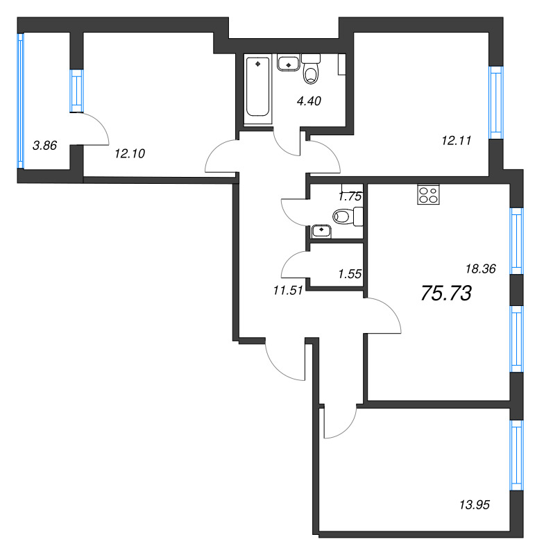 4 ккв (Евро) 75,7 м²
