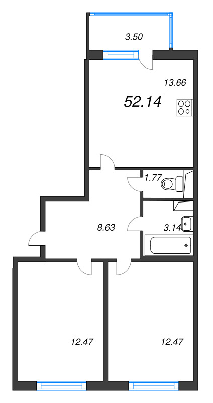 3 ккв (Евро) 52,1 м²