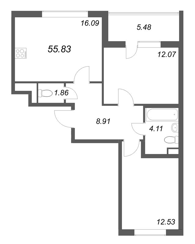 3 ккв (Евро) 55,8 м²