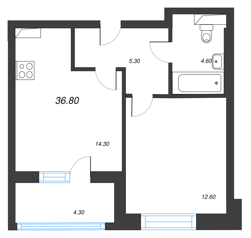 1 ккв 36,8 м²