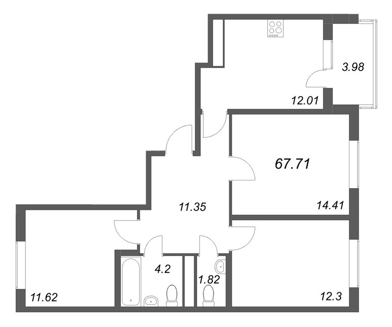 3 ккв 67,7 м²