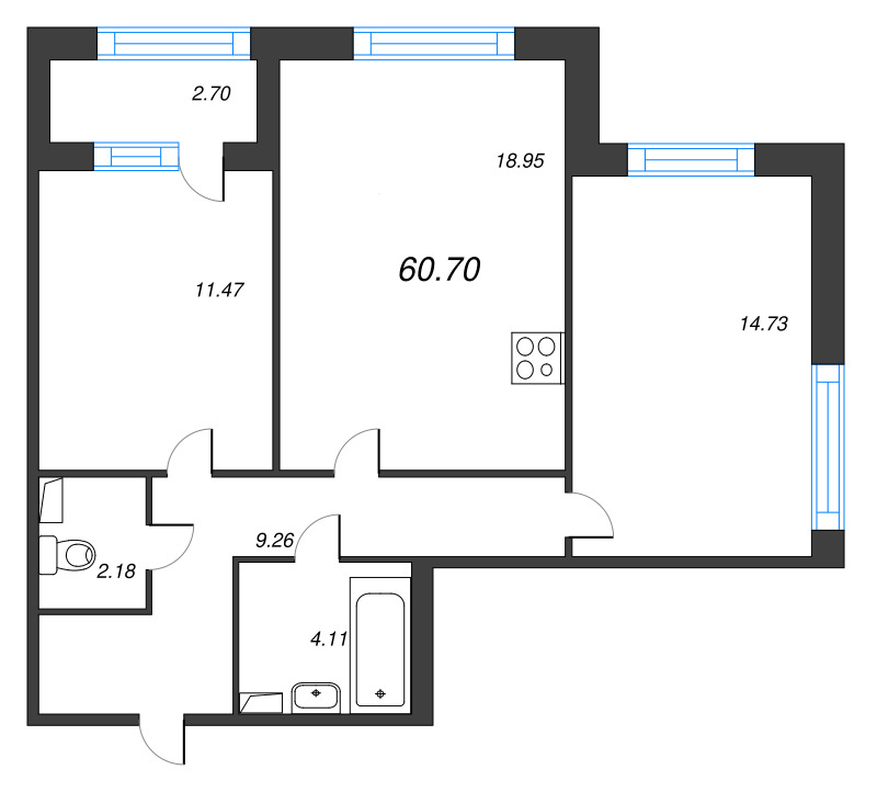 3 ккв (Евро) 60,7 м²