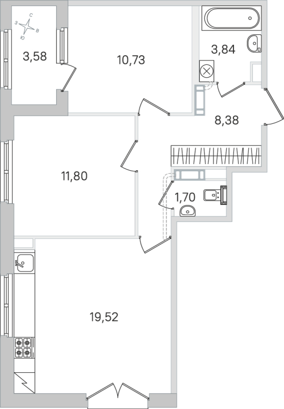 3 ккв (Евро) 56 м²