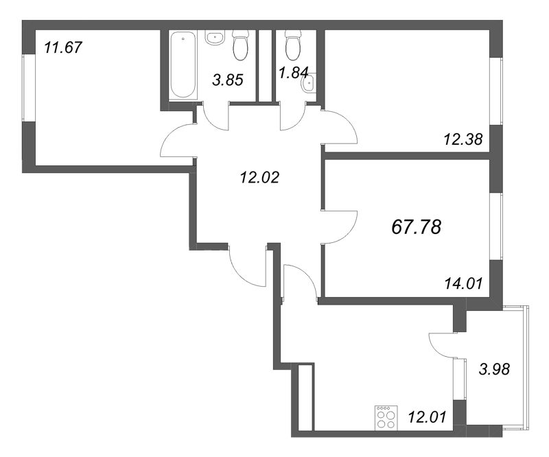 3 ккв 67,8 м²