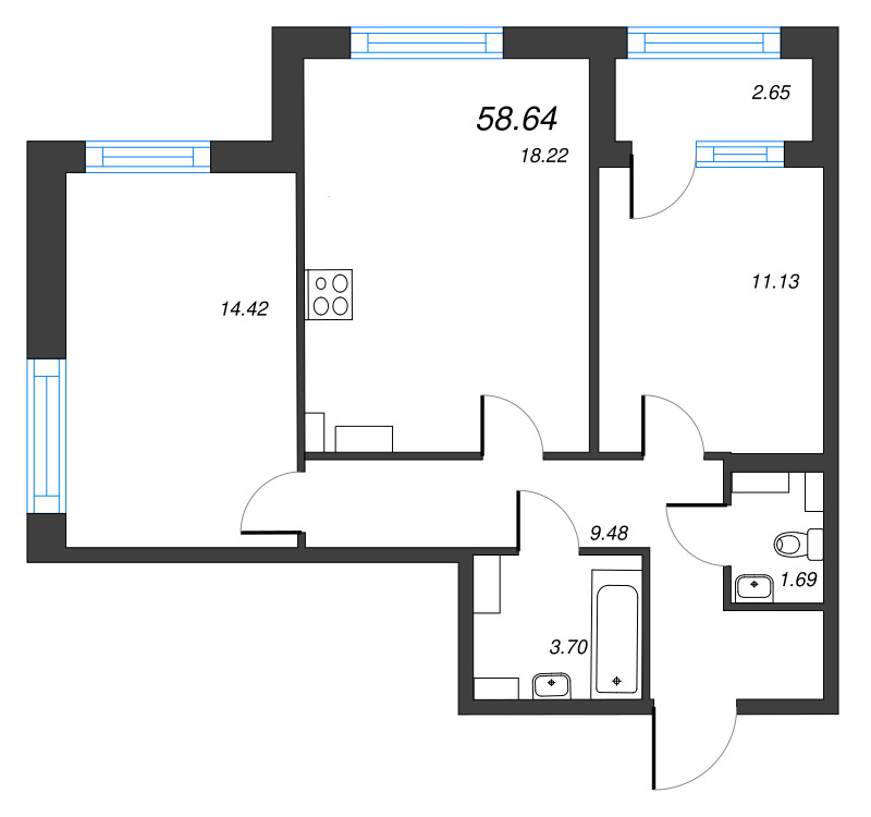 3 ккв (Евро) 58,6 м²