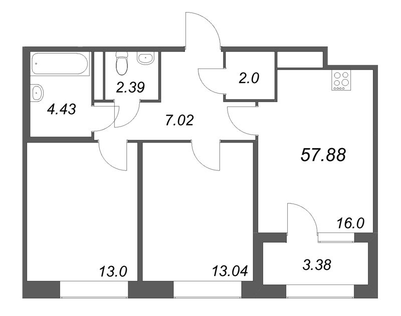 3 ккв (Евро) 57,9 м²