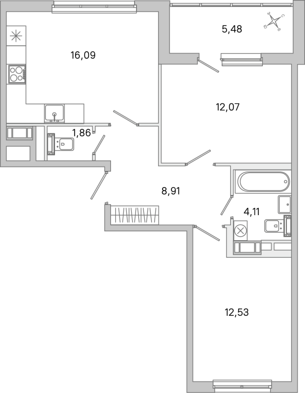 3 ккв (Евро) 55,6 м²