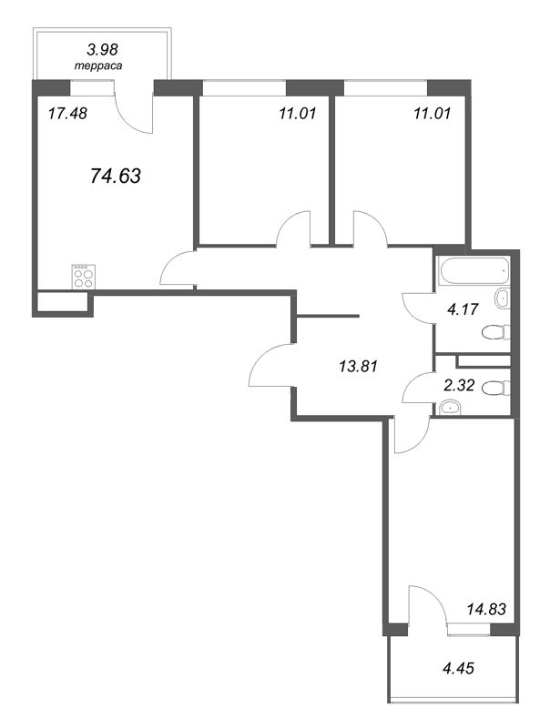 4 ккв (Евро) 74,6 м²