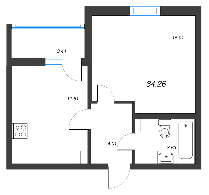 1 ккв 34,3 м²