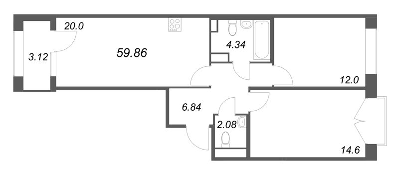 3 ккв (Евро) 59,9 м²