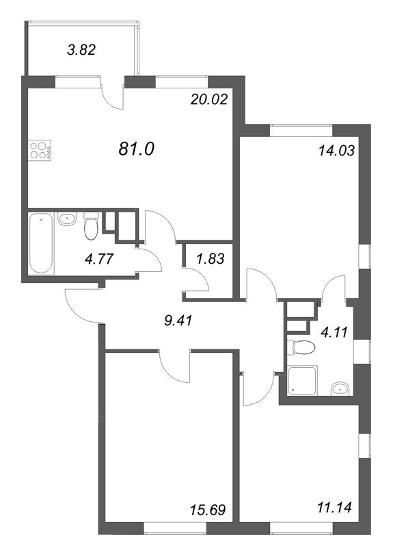 4 ккв (Евро) 81 м²