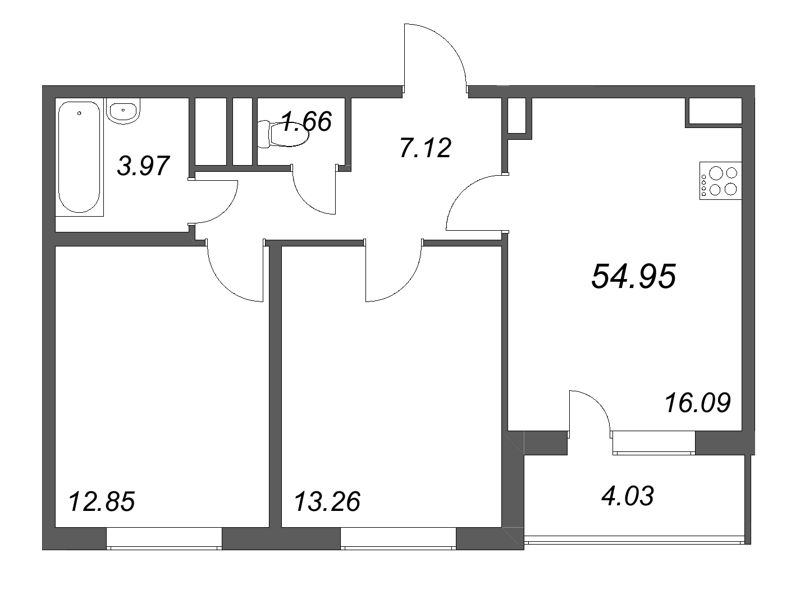 3 ккв (Евро) 55 м²