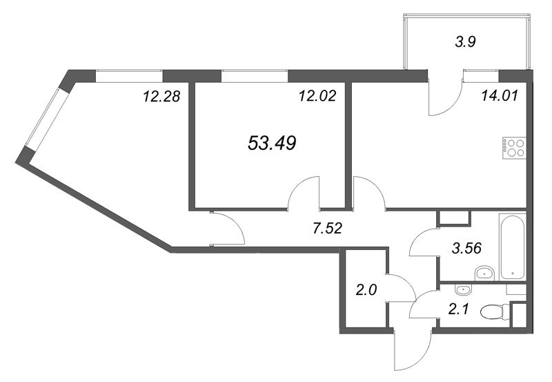 2 ккв 53,5 м²