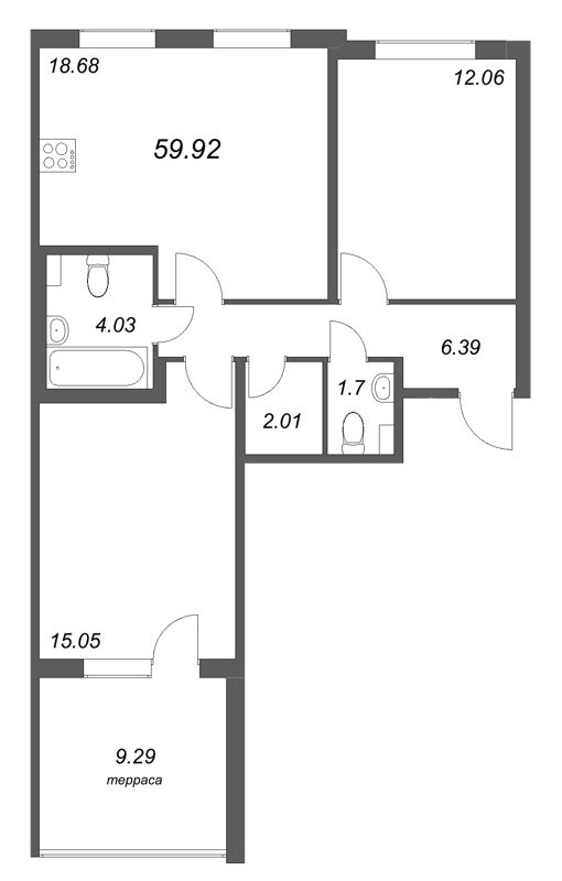 3 ккв (Евро) 59,9 м²