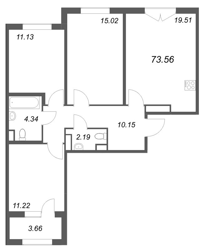 4 ккв (Евро) 73,6 м²
