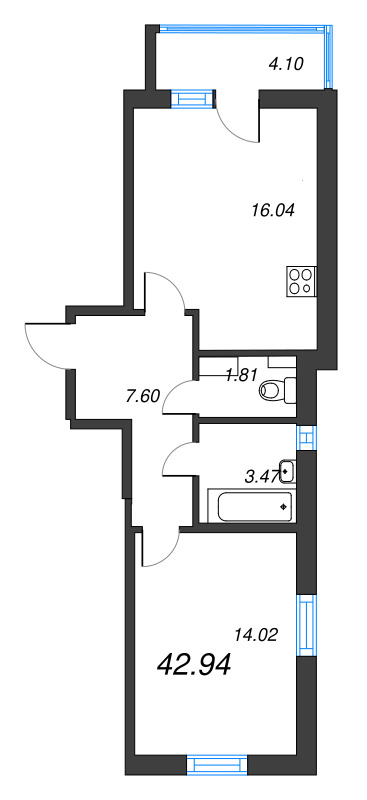 2 ккв (Евро) 42,9 м²