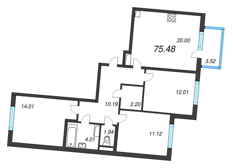 4 ккв (Евро) 75,5 м²