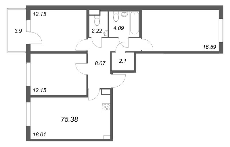 4 ккв (Евро) 75,4 м²