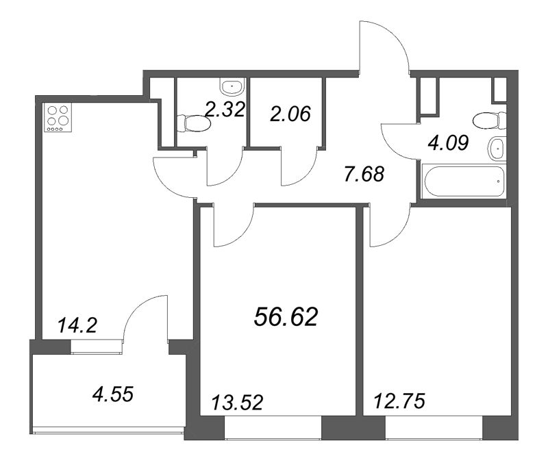 2 ккв 56,6 м²