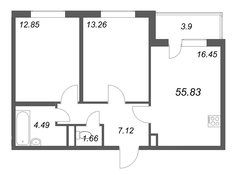 3 ккв (Евро) 55,8 м²