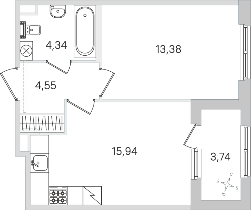 2 ккв (Евро) 38,2 м²