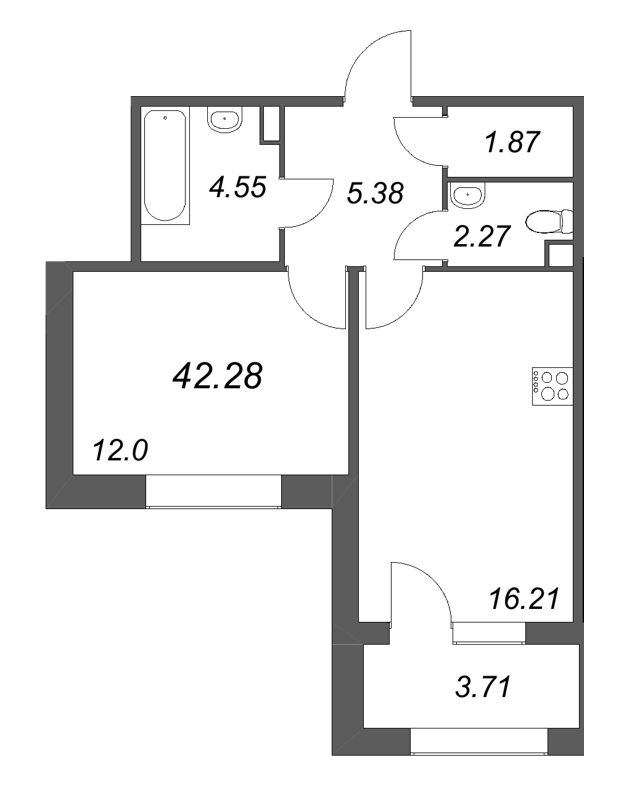 2 ккв (Евро) 42,3 м²