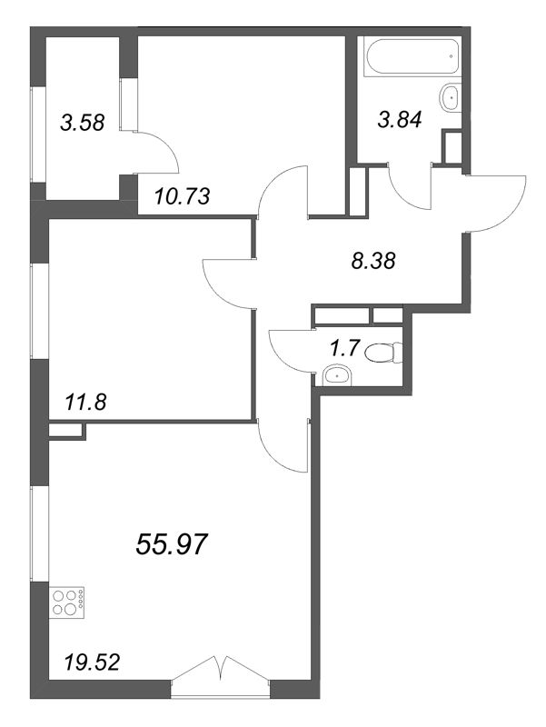 3 ккв (Евро) 56 м²