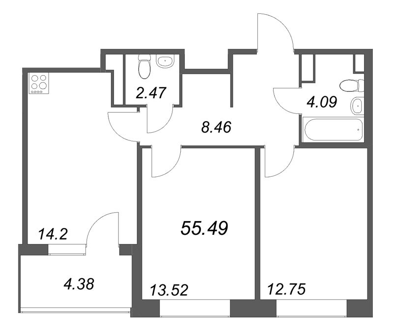 2 ккв 55,5 м²